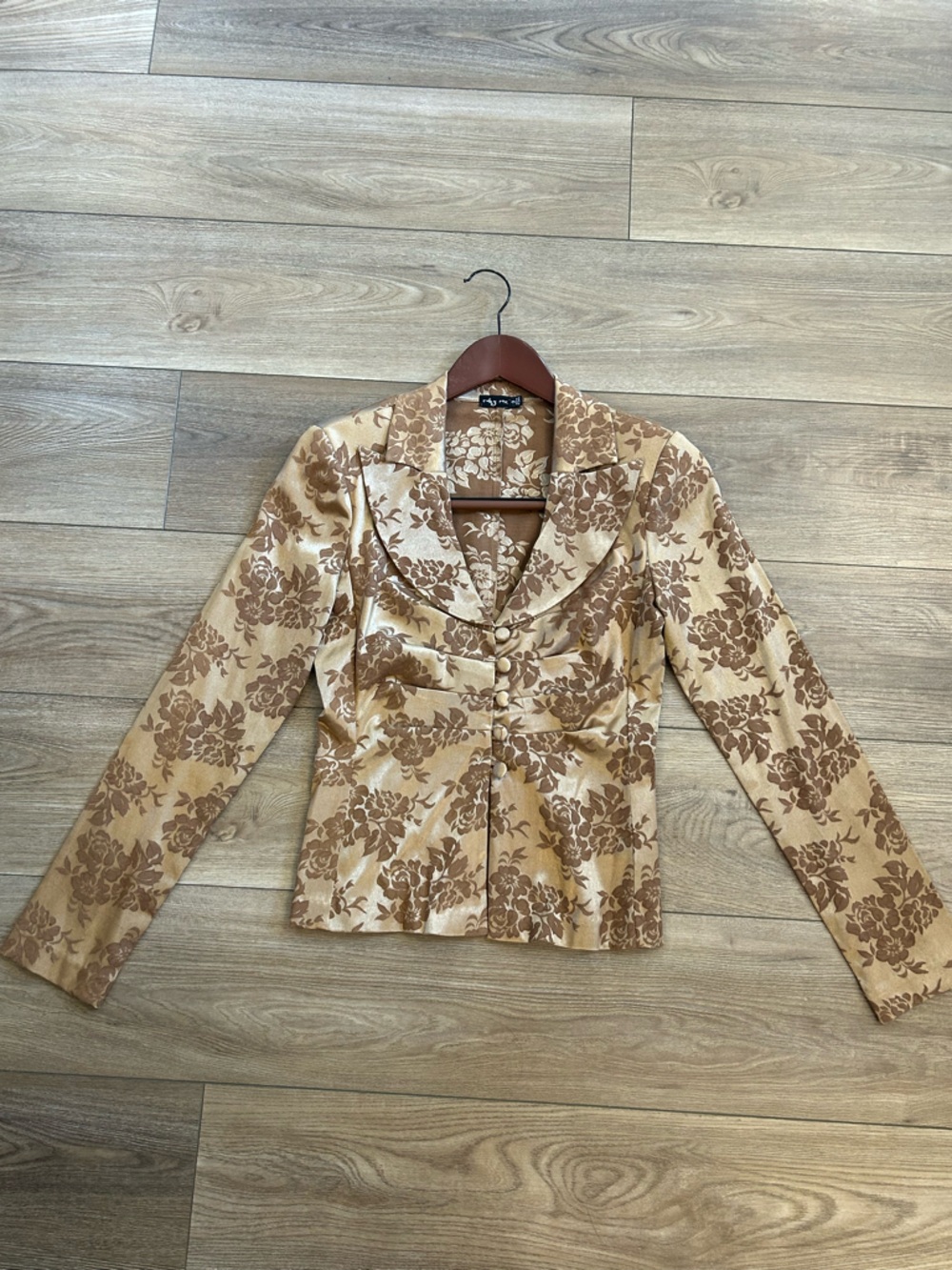 Ruby Rox Gold Floral Jacquard Cropped Blazer Jacket Size 3 Y2K
